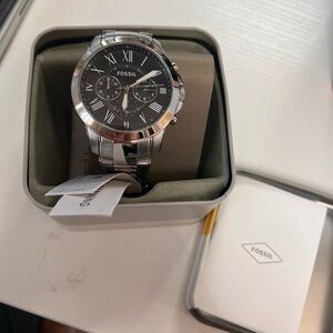 Fossil Black Dial Silver Band Watch